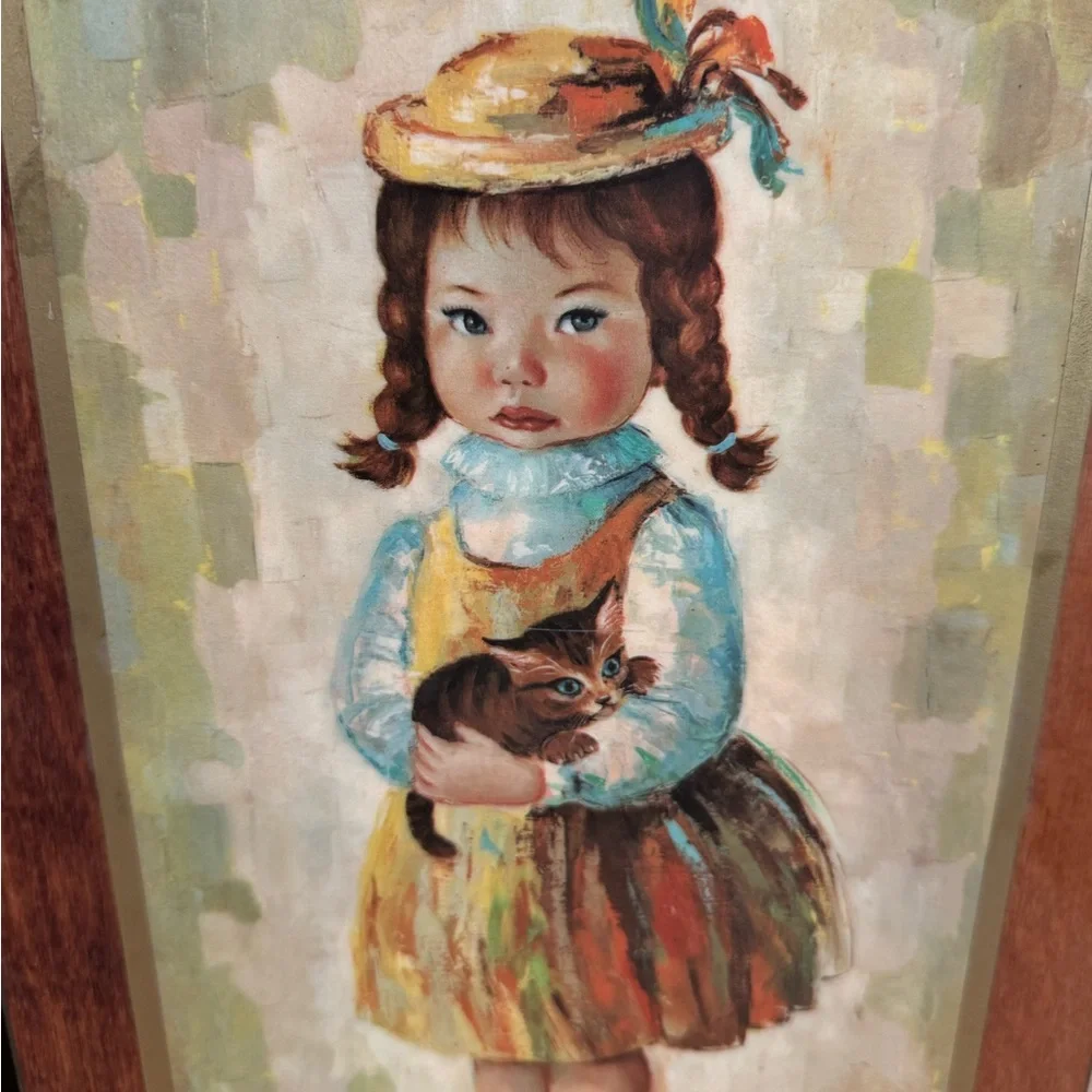 Mid Century Medeiros Girl with Cat and Boy with Dog Big Eye Wall Art - Picture 7 of 13